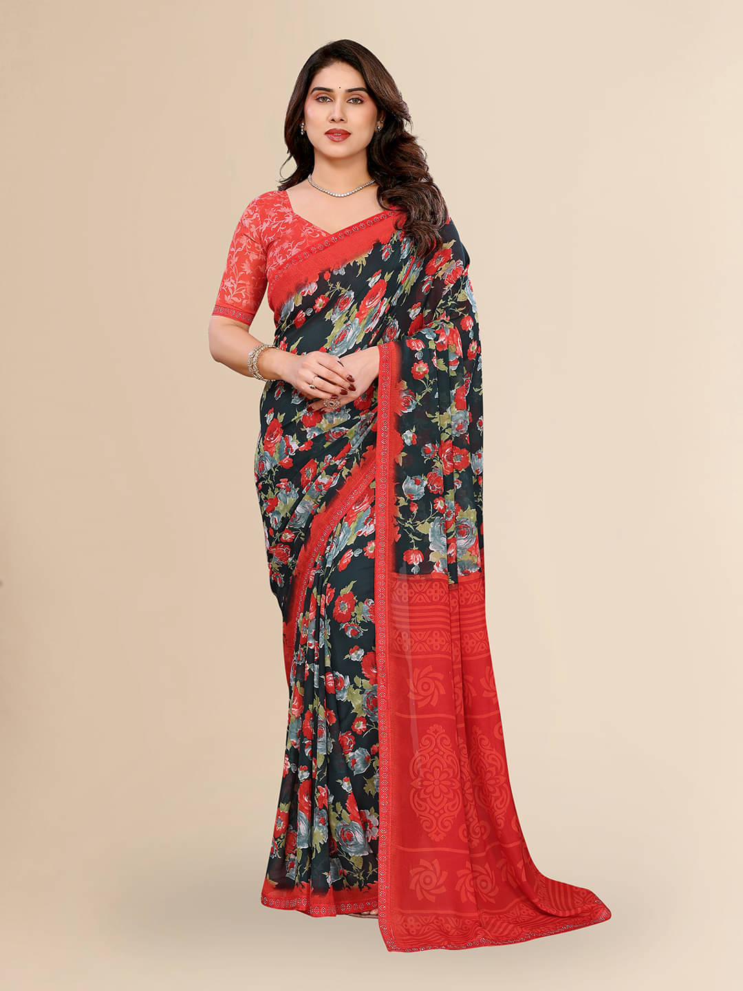 ANAND SAREES Georgette Embellished Chanderi saree With Unstitched Blouse Piece ( Green ) ANAND SAREES Georgette Embellished Chanderi saree With Unstitched Blouse Piece ( Green )