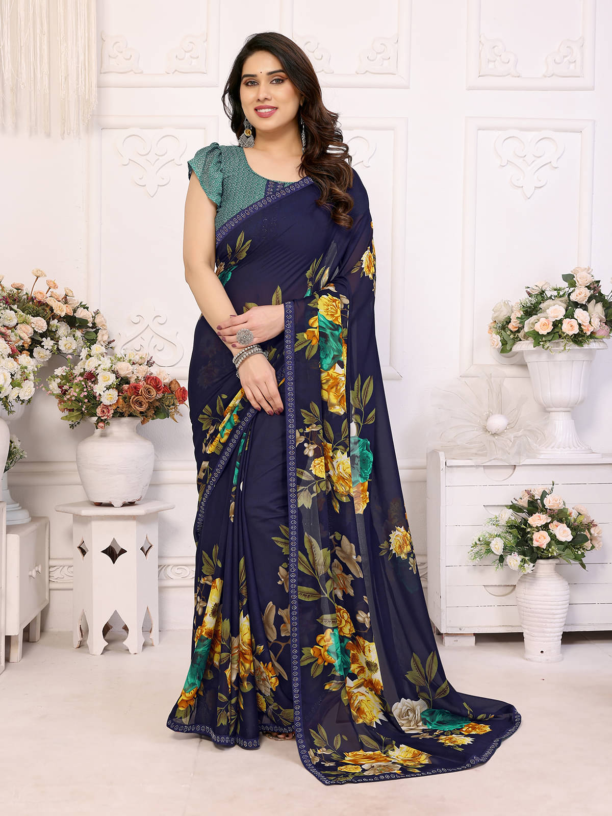 ANAND SAREES Georgette Embellished Chanderi saree With Unstitched Blouse Piece ( Blue ) ANAND SAREES Georgette Embellished Chanderi saree With Unstitched Blouse Piece ( Blue )