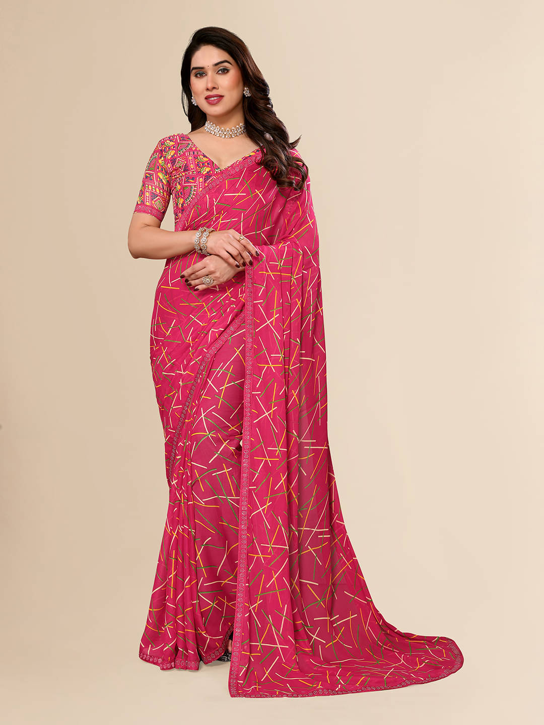     			ANAND SAREES Georgette Embellished Chanderi saree With Unstitched Blouse Piece ( Pink )