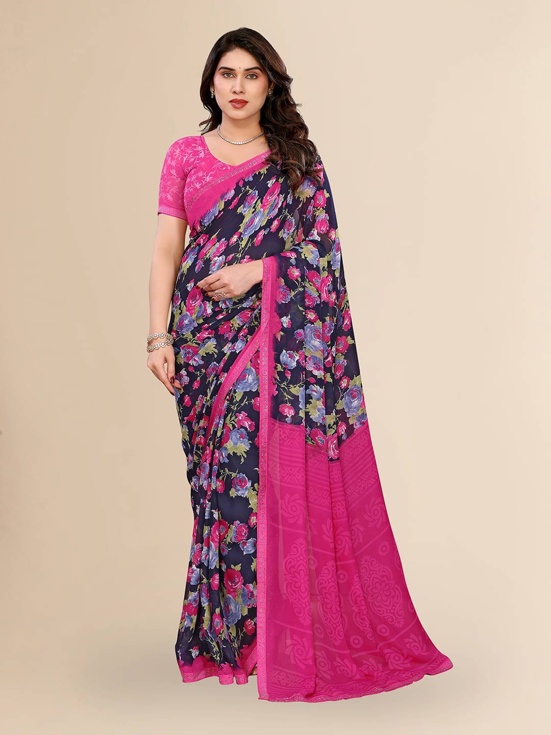     			ANAND SAREES Georgette Embellished Chanderi saree With Unstitched Blouse Piece ( Blue )