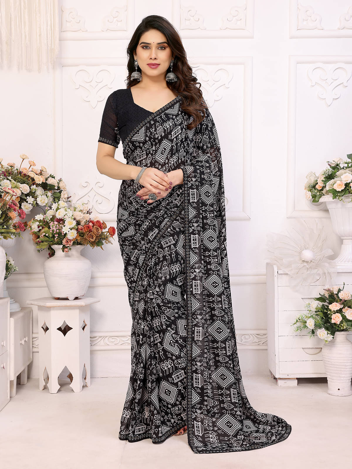    			ANAND SAREES Georgette Embellished Chanderi saree With Unstitched Blouse Piece ( Black )