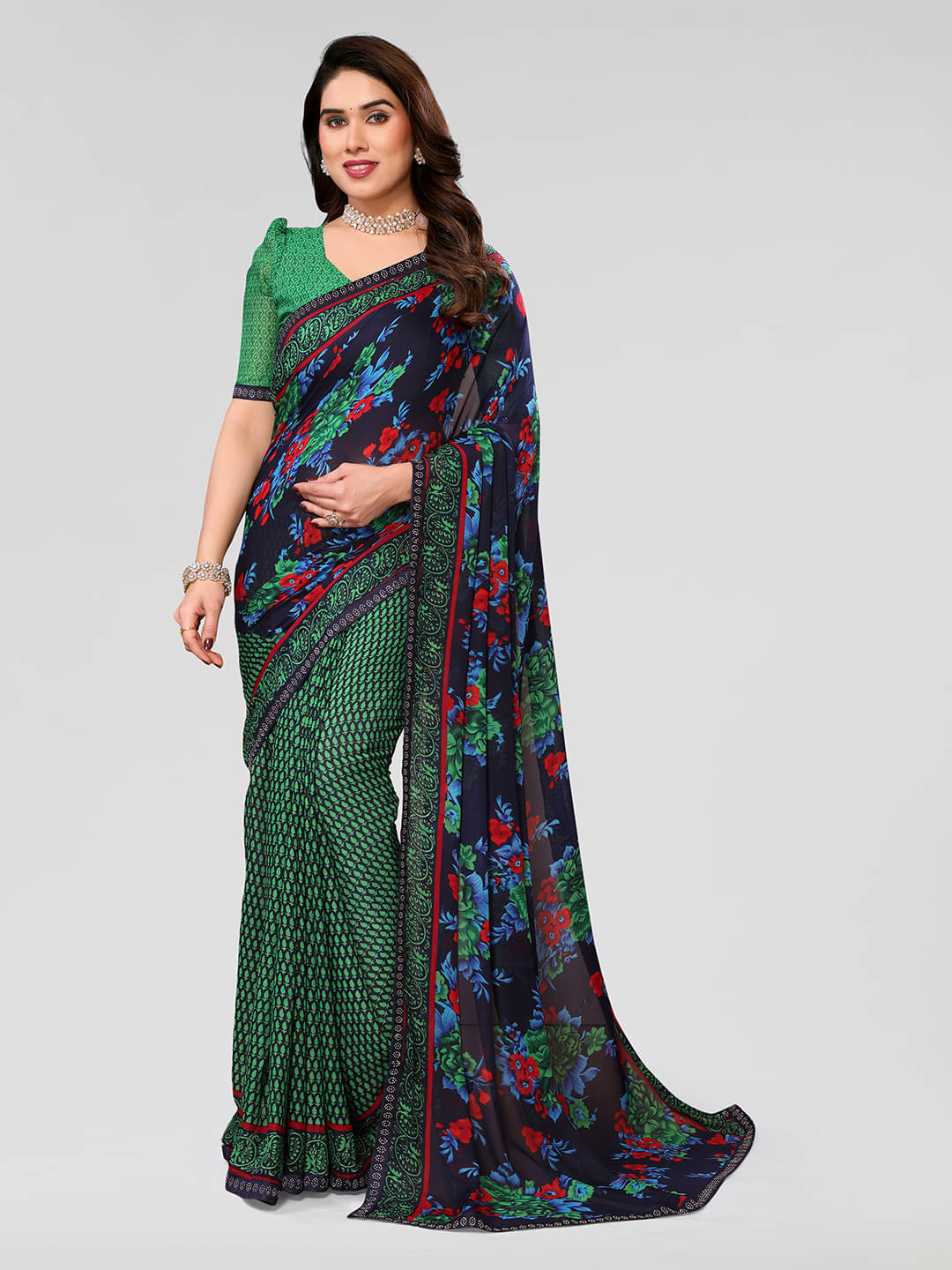     			ANAND SAREES Georgette Embellished Chanderi saree With Unstitched Blouse Piece ( Green )