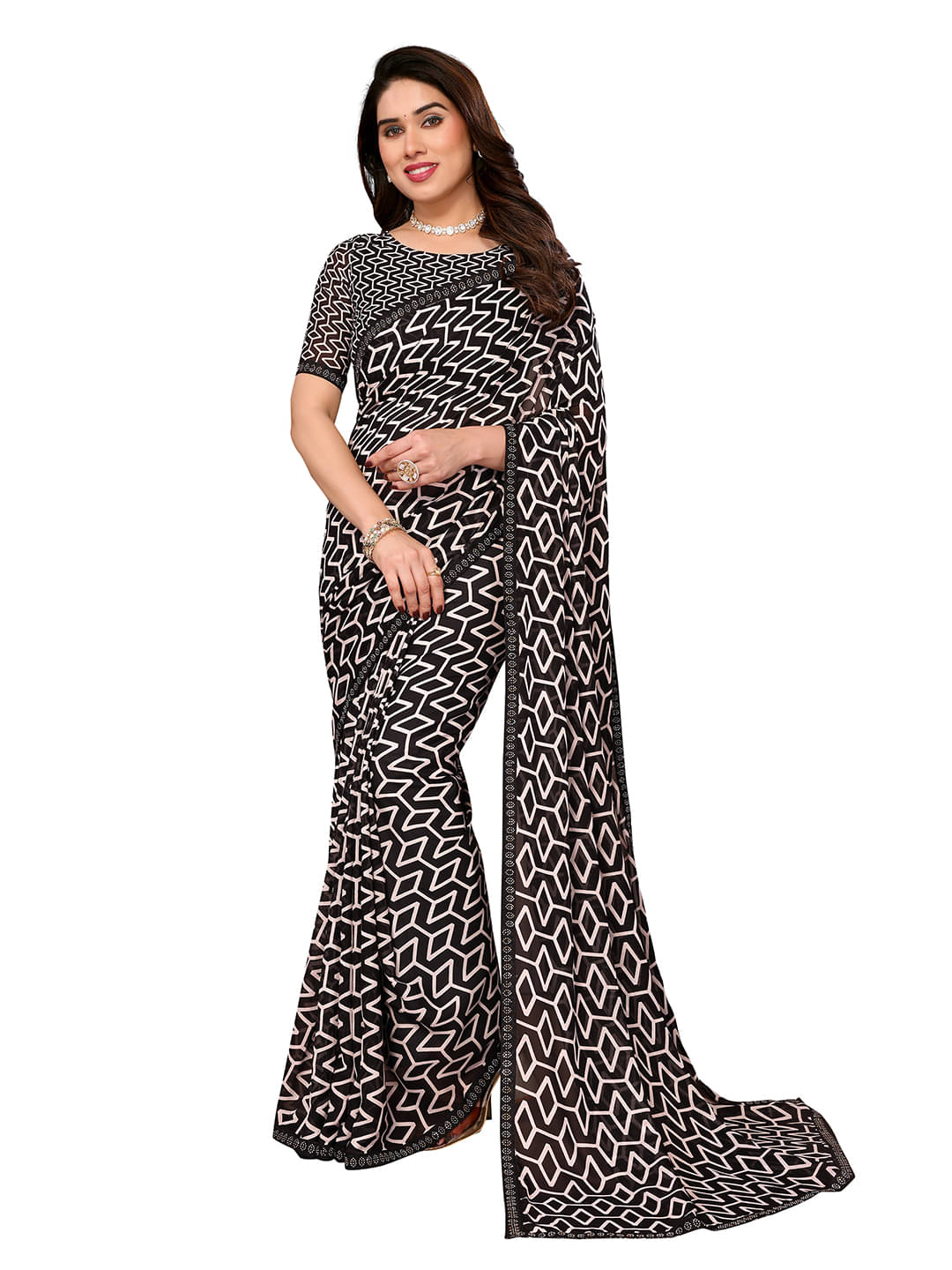     			ANAND SAREES Georgette Embellished Chanderi saree With Unstitched Blouse Piece ( Black )
