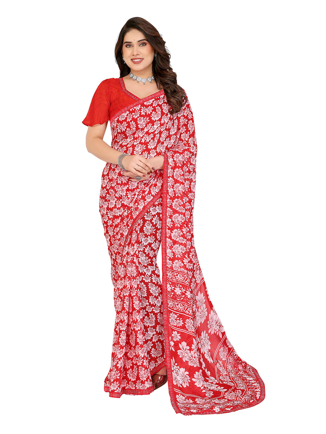 ANAND SAREES Georgette Embellished Chanderi saree With Unstitched Blouse Piece ( Red ) ANAND SAREES Georgette Embellished Chanderi saree With Unstitched Blouse Piece ( Red )