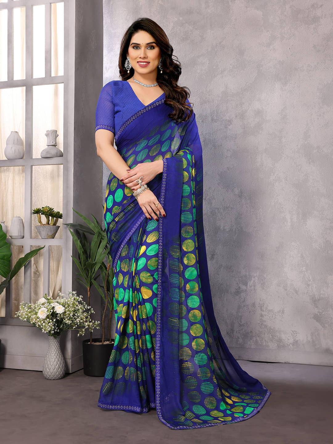 ANAND SAREES Georgette Embellished Chanderi saree With Unstitched Blouse Piece ( Blue ) ANAND SAREES Georgette Embellished Chanderi saree With Unstitched Blouse Piece ( Blue )