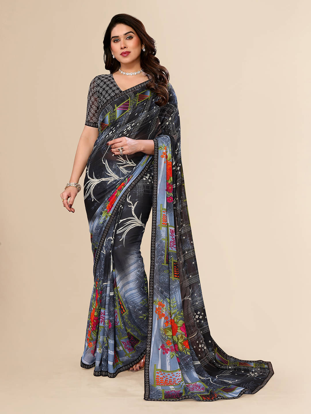 ANAND SAREES Georgette Embellished Chanderi saree With Unstitched Blouse Piece ( Grey ) ANAND SAREES Georgette Embellished Chanderi saree With Unstitched Blouse Piece ( Grey )