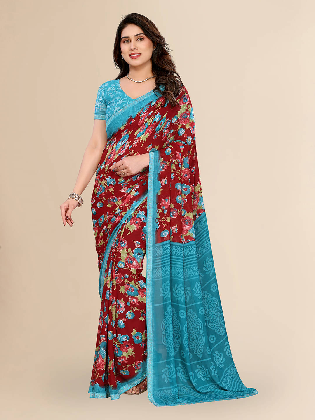ANAND SAREES Georgette Embellished Chanderi saree With Unstitched Blouse Piece ( Maroon ) ANAND SAREES Georgette Embellished Chanderi saree With Unstitched Blouse Piece ( Maroon )