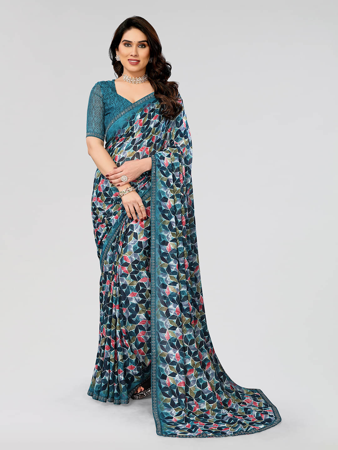     			ANAND SAREES Georgette Embellished Chanderi saree With Unstitched Blouse Piece ( Green )
