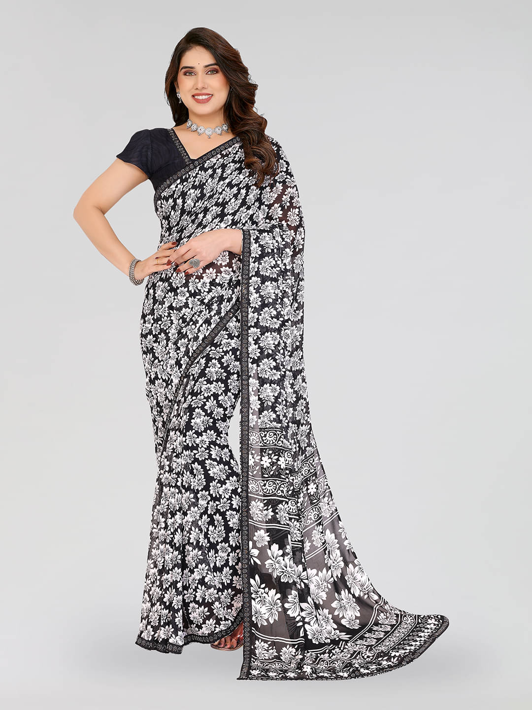 ANAND SAREES Georgette Embellished Chanderi saree With Unstitched Blouse Piece ( Black ) ANAND SAREES Georgette Embellished Chanderi saree With Unstitched Blouse Piece ( Black )