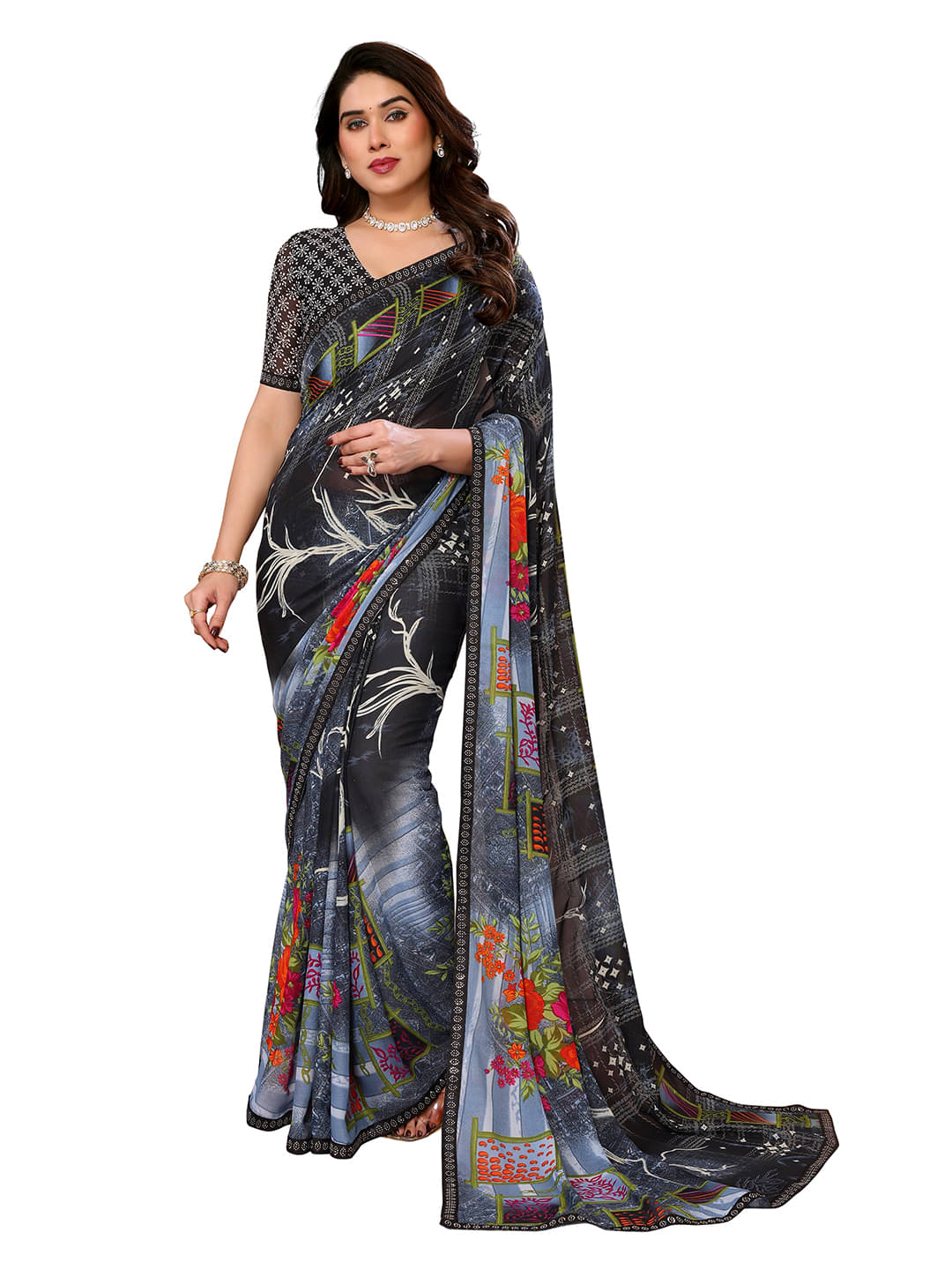 ANAND SAREES Georgette Embellished Chanderi saree With Unstitched Blouse Piece ( Grey ) ANAND SAREES Georgette Embellished Chanderi saree With Unstitched Blouse Piece ( Grey )