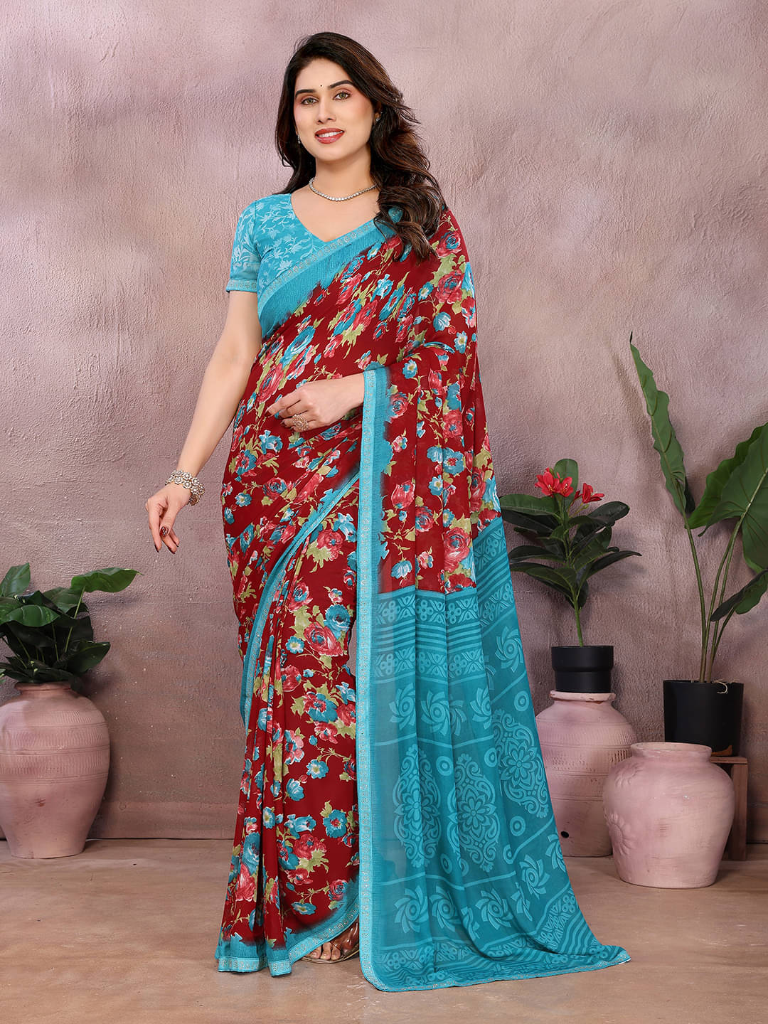 ANAND SAREES Georgette Embellished Chanderi saree With Unstitched Blouse Piece ( Maroon ) ANAND SAREES Georgette Embellished Chanderi saree With Unstitched Blouse Piece ( Maroon )