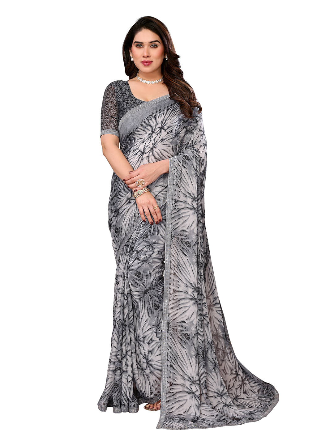 ANAND SAREES Georgette Embellished Chanderi saree With Unstitched Blouse Piece ( Grey ) ANAND SAREES Georgette Embellished Chanderi saree With Unstitched Blouse Piece ( Grey )