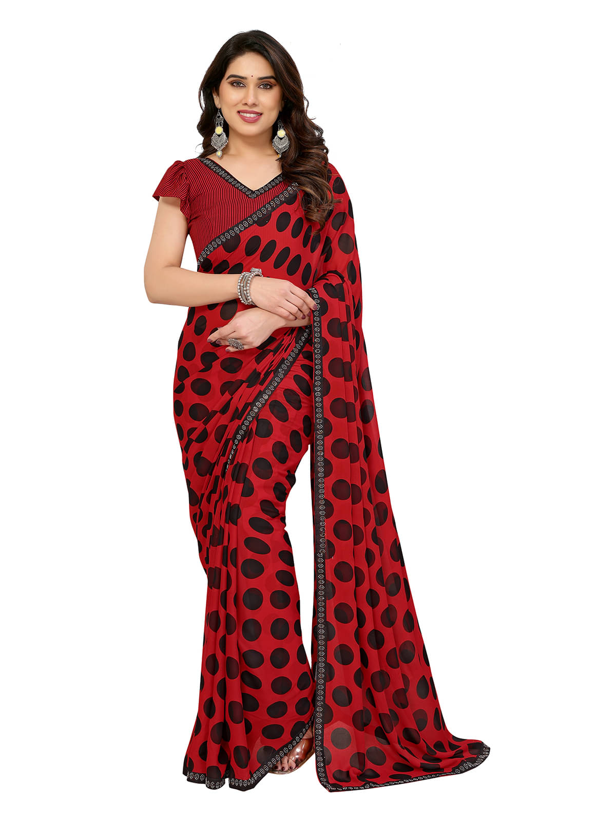ANAND SAREES Georgette Embellished Chanderi saree With Unstitched Blouse Piece ( Red ) ANAND SAREES Georgette Embellished Chanderi saree With Unstitched Blouse Piece ( Red )