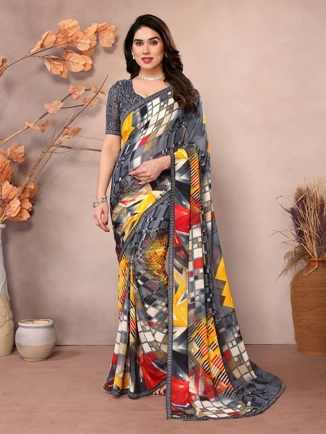     			ANAND SAREES Georgette Embellished Chanderi saree With Unstitched Blouse Piece ( Grey )