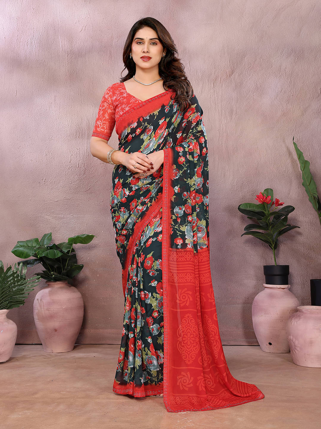 ANAND SAREES Georgette Embellished Chanderi saree With Unstitched Blouse Piece ( Green ) ANAND SAREES Georgette Embellished Chanderi saree With Unstitched Blouse Piece ( Green )