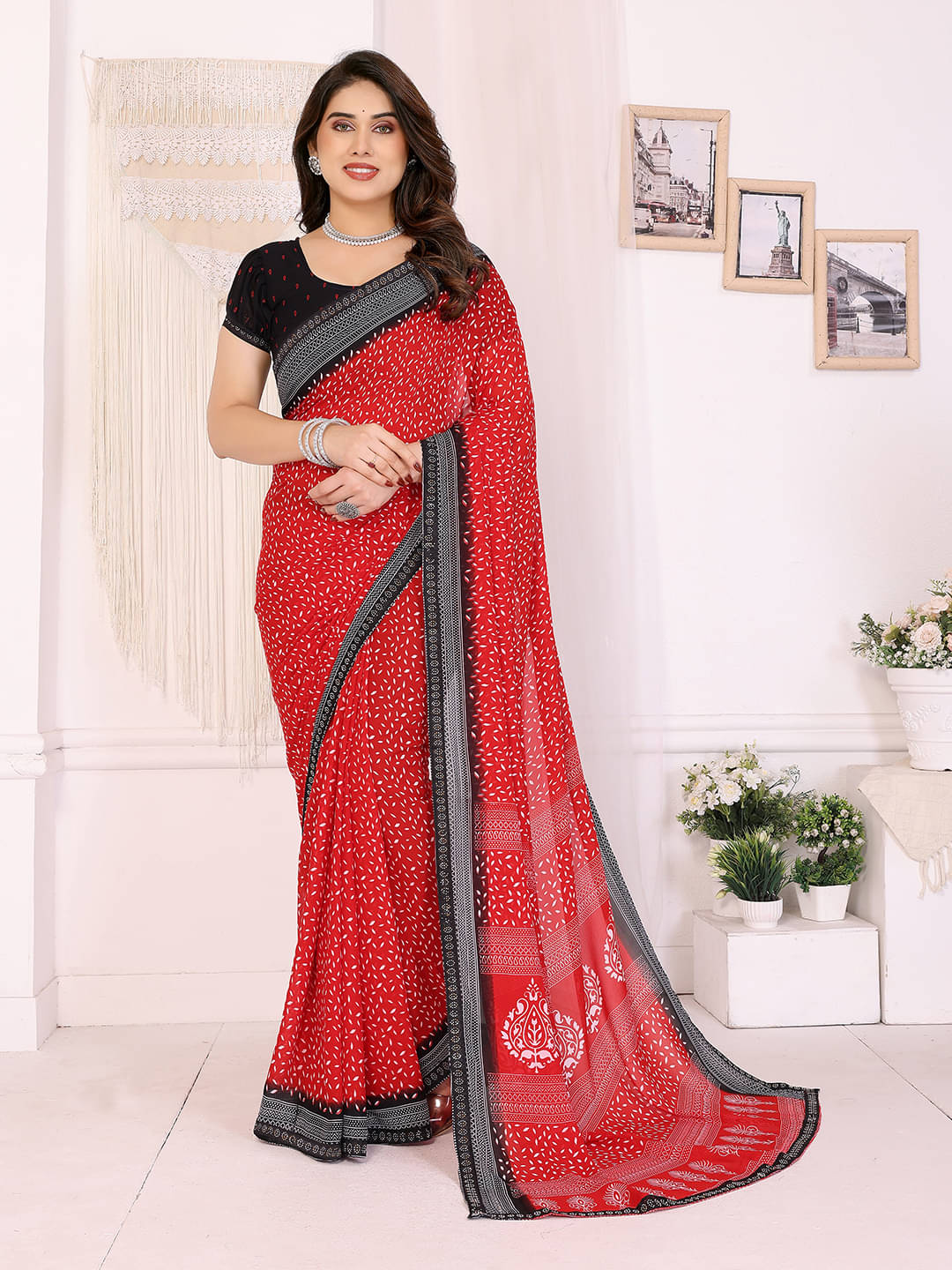 ANAND SAREES Georgette Embellished Chanderi saree With Unstitched Blouse Piece ( Red ) ANAND SAREES Georgette Embellished Chanderi saree With Unstitched Blouse Piece ( Red )