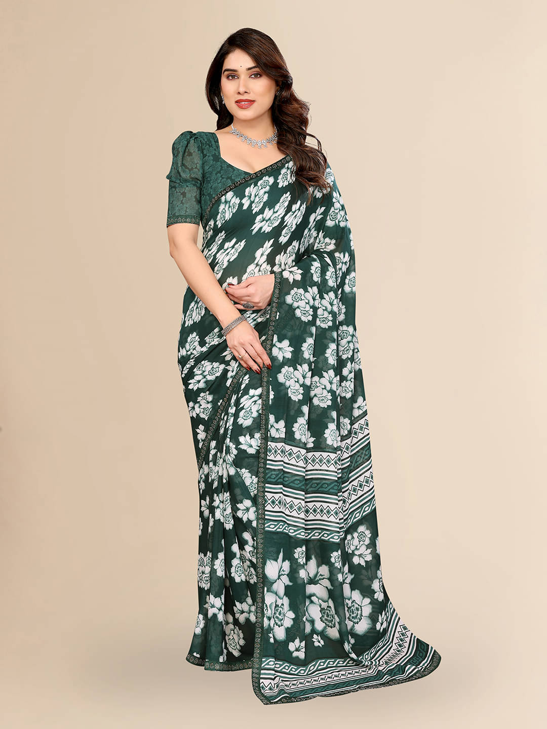     			ANAND SAREES Georgette Embellished Chanderi saree With Unstitched Blouse Piece ( Green )