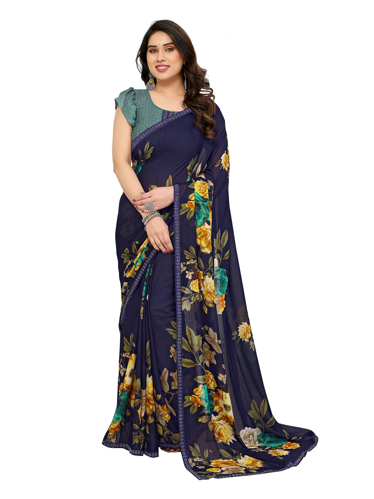     			ANAND SAREES Georgette Embellished Chanderi saree With Unstitched Blouse Piece ( Blue )