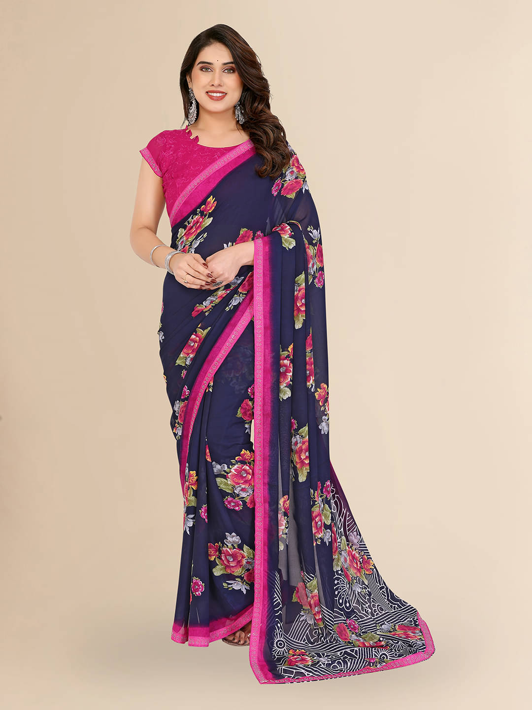 ANAND SAREES Georgette Embellished Chanderi saree With Unstitched Blouse Piece ( Blue ) ANAND SAREES Georgette Embellished Chanderi saree With Unstitched Blouse Piece ( Blue )