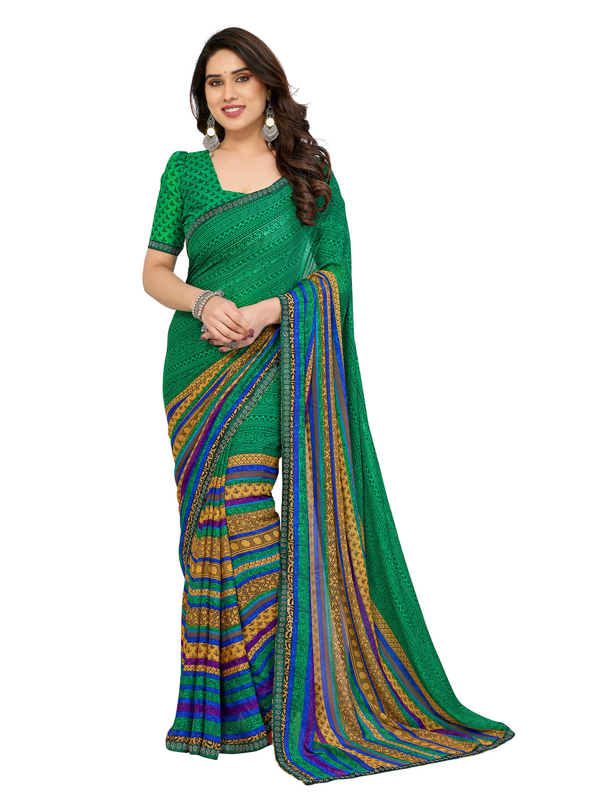 ANAND SAREES Georgette Embellished Chanderi saree With Unstitched Blouse Piece ( Green ) ANAND SAREES Georgette Embellished Chanderi saree With Unstitched Blouse Piece ( Green )