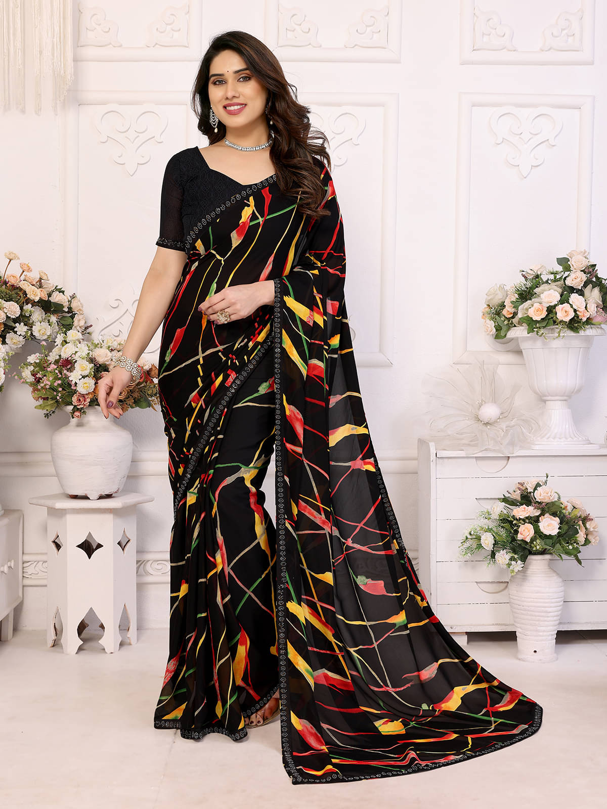     			ANAND SAREES Georgette Embellished Chanderi saree With Unstitched Blouse Piece ( Black )