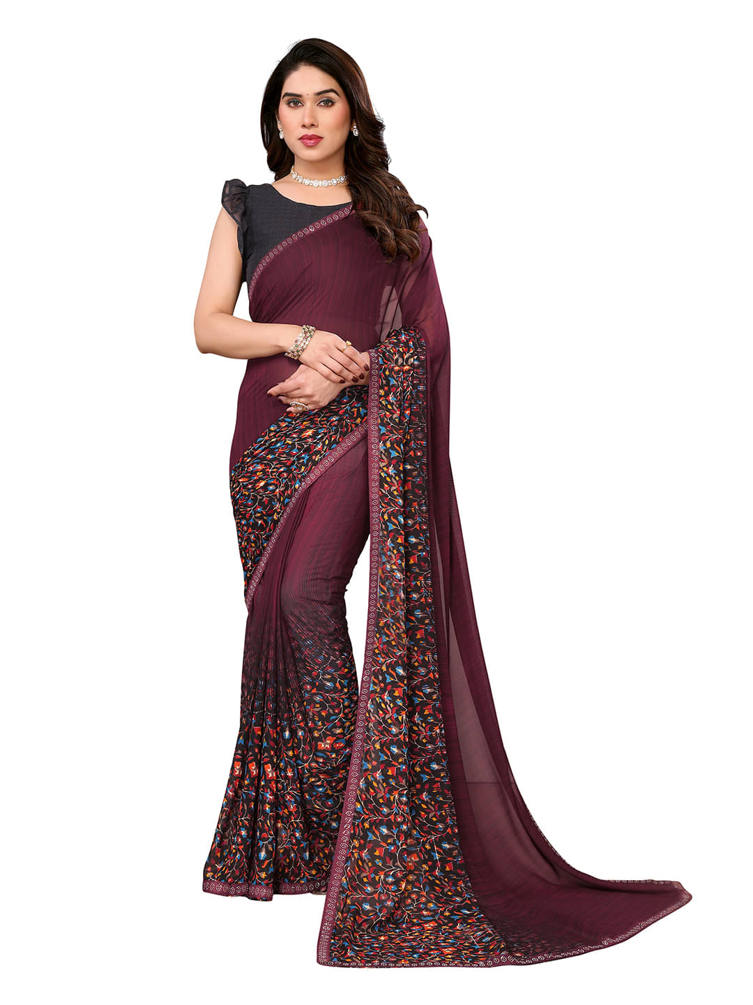 ANAND SAREES Georgette Embellished Chanderi saree With Unstitched Blouse Piece ( Brown ) ANAND SAREES Georgette Embellished Chanderi saree With Unstitched Blouse Piece ( Brown )