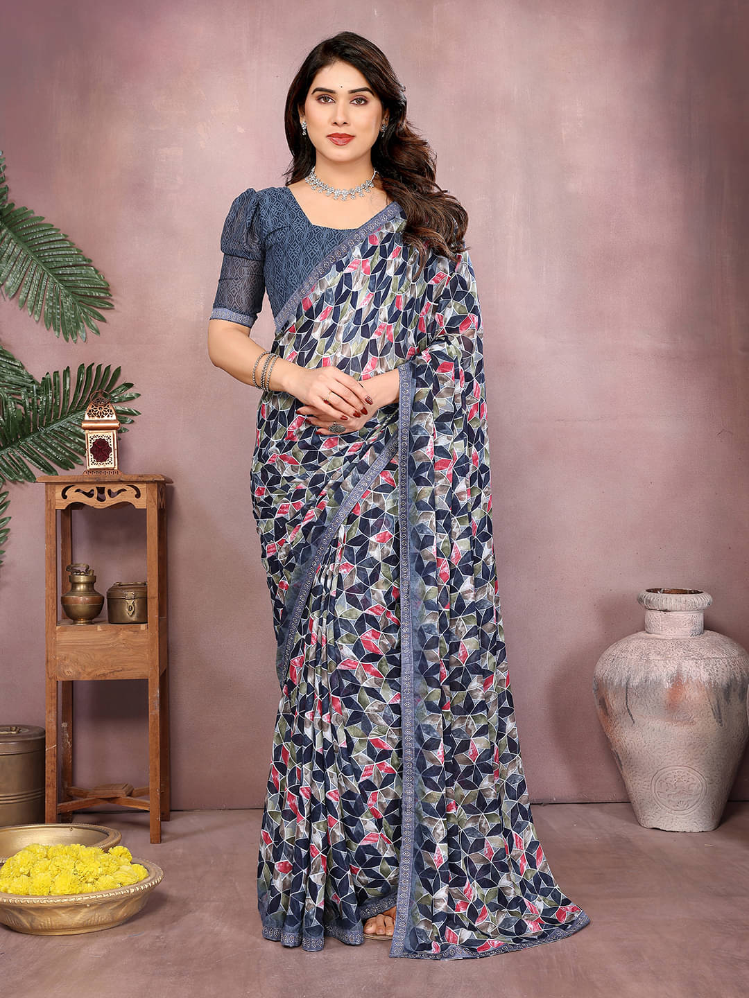     			ANAND SAREES Georgette Embellished Chanderi saree With Unstitched Blouse Piece ( Grey )