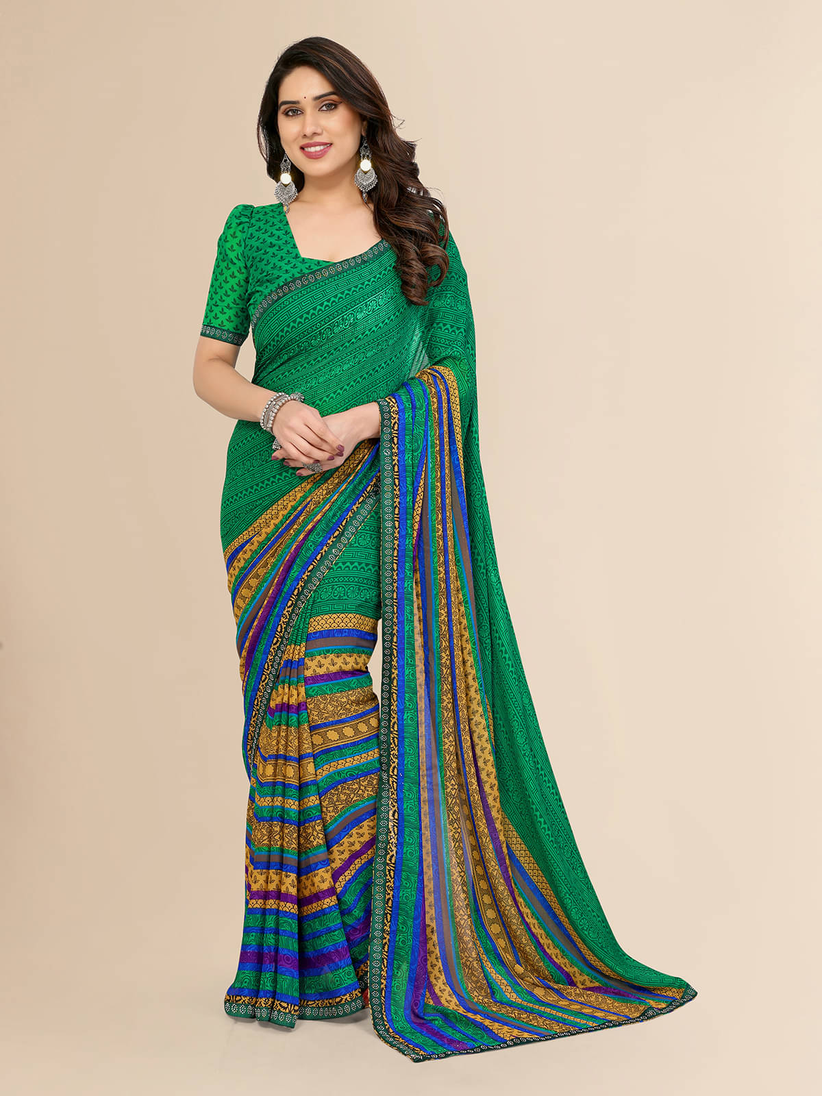 ANAND SAREES Georgette Embellished Chanderi saree With Unstitched Blouse Piece ( Green ) ANAND SAREES Georgette Embellished Chanderi saree With Unstitched Blouse Piece ( Green )