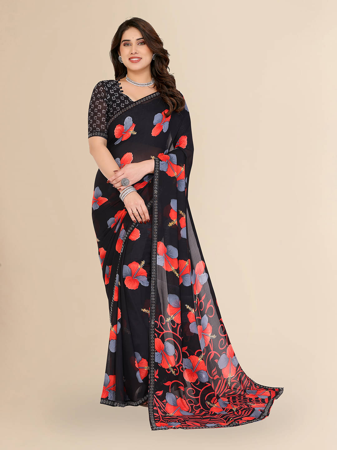 ANAND SAREES Georgette Embellished Chanderi saree With Unstitched Blouse Piece ( Black ) ANAND SAREES Georgette Embellished Chanderi saree With Unstitched Blouse Piece ( Black )