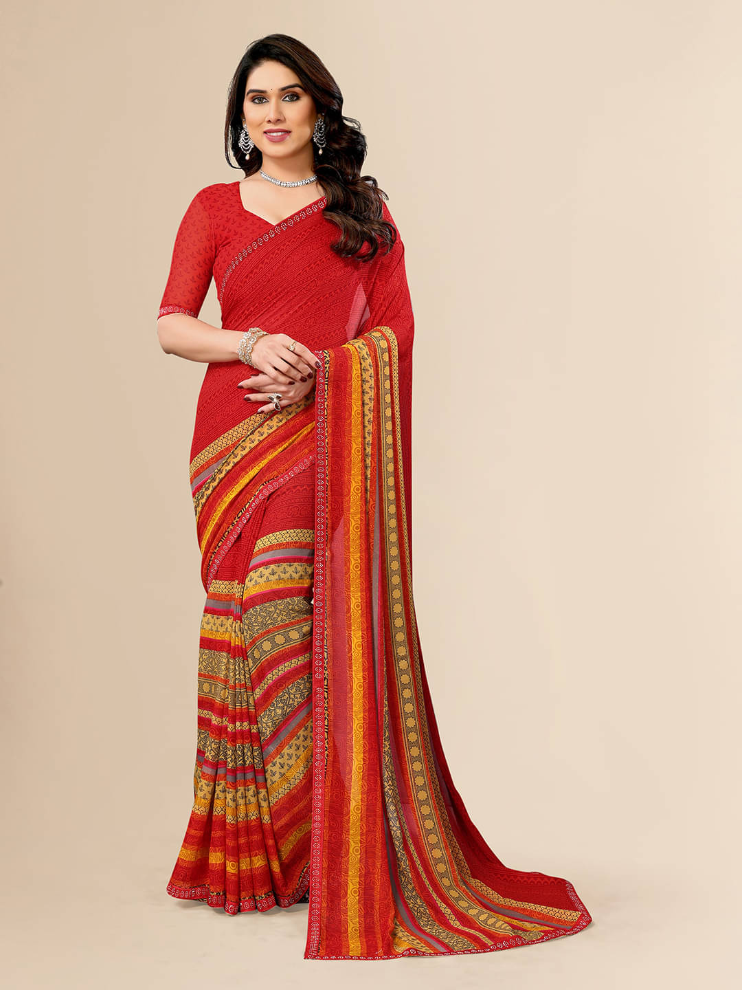     			ANAND SAREES Georgette Embellished Chanderi saree With Unstitched Blouse Piece ( Red )