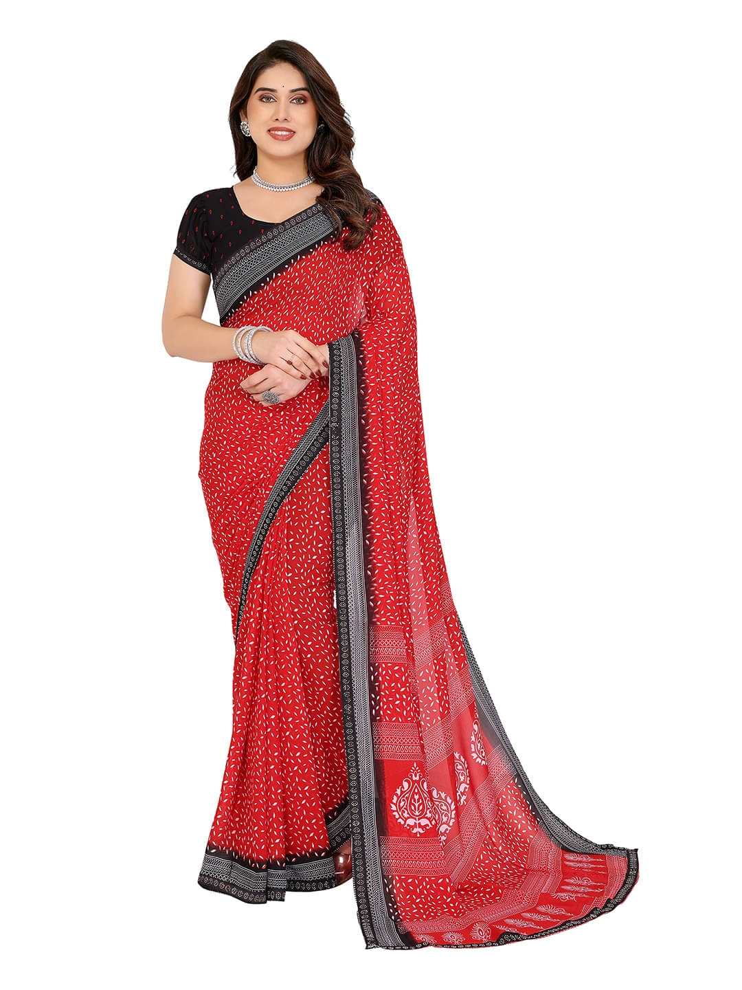 ANAND SAREES Georgette Embellished Chanderi saree With Unstitched Blouse Piece ( Red ) ANAND SAREES Georgette Embellished Chanderi saree With Unstitched Blouse Piece ( Red )