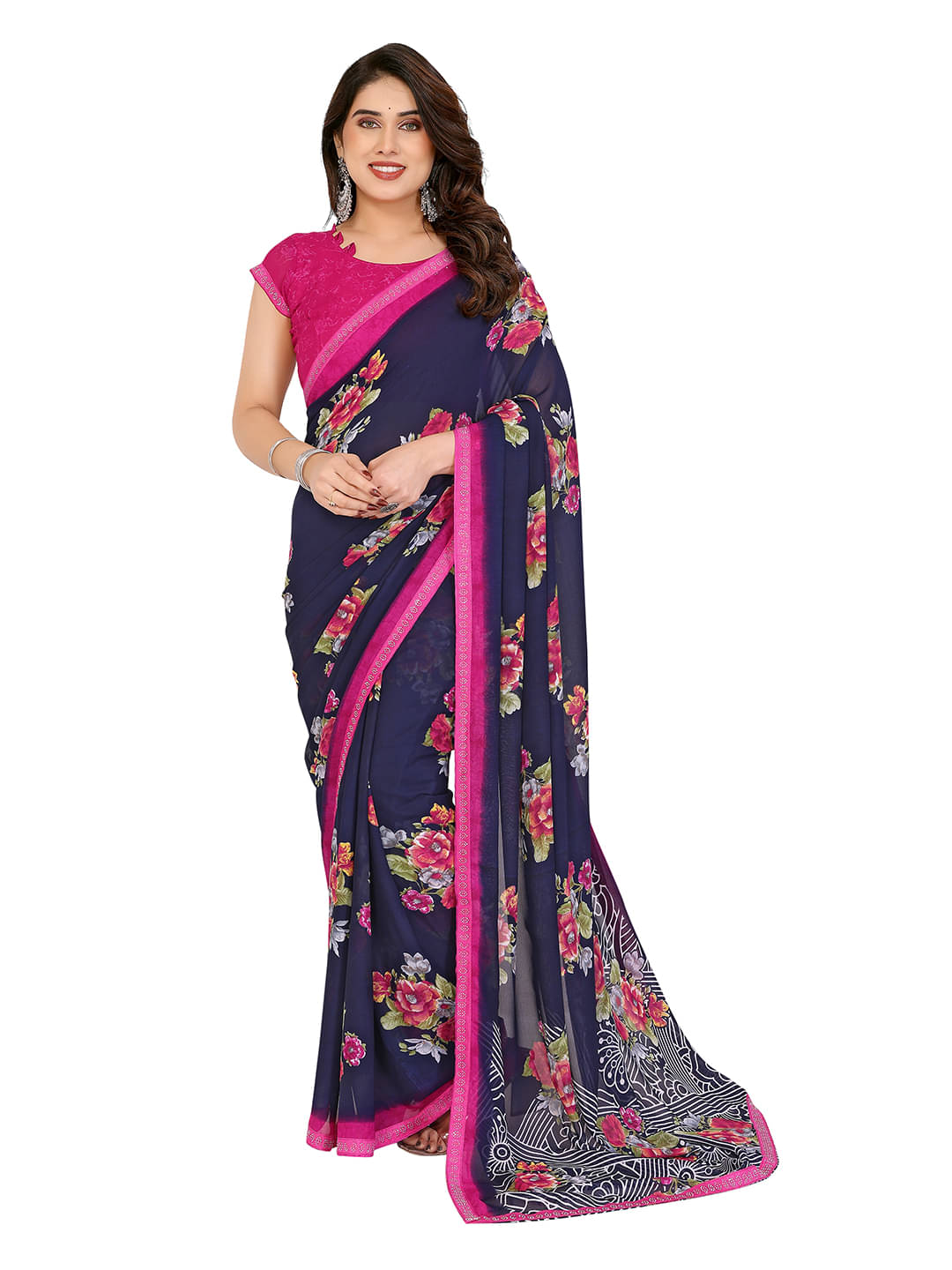 ANAND SAREES Georgette Embellished Chanderi saree With Unstitched Blouse Piece ( Blue ) ANAND SAREES Georgette Embellished Chanderi saree With Unstitched Blouse Piece ( Blue )