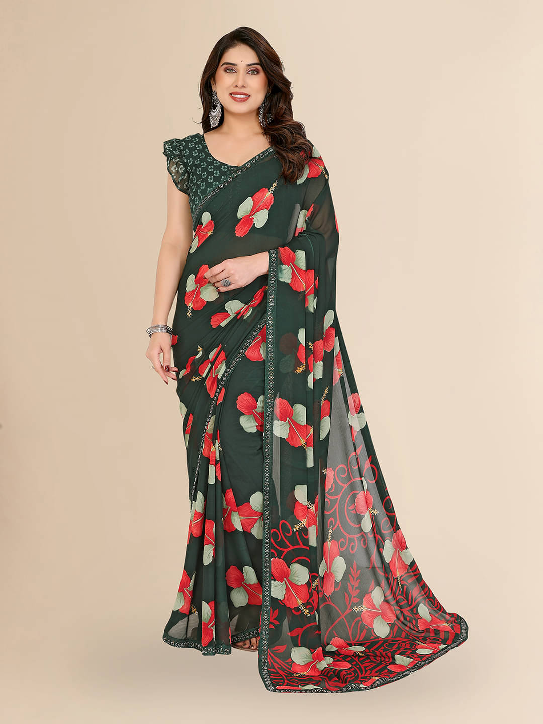     			ANAND SAREES Georgette Embellished Chanderi saree With Unstitched Blouse Piece ( Green )