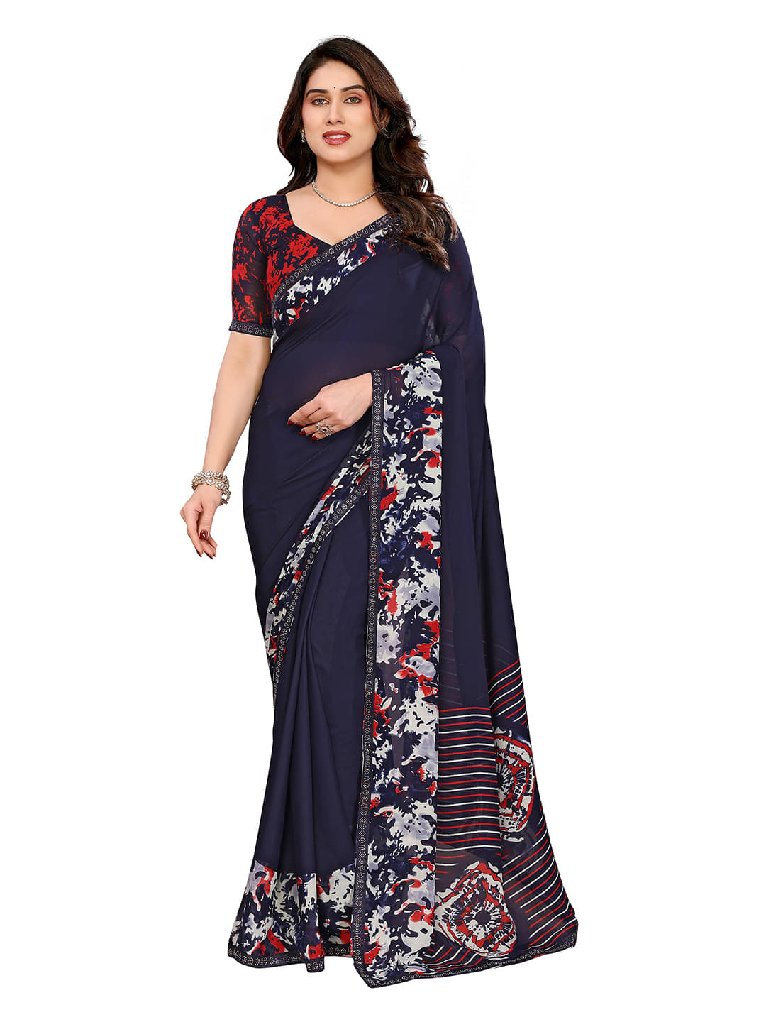     			ANAND SAREES Georgette Embellished Chanderi saree With Unstitched Blouse Piece ( Blue )