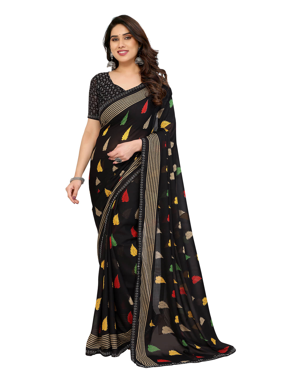 ANAND SAREES Georgette Embellished Chanderi saree With Unstitched Blouse Piece ( Black ) ANAND SAREES Georgette Embellished Chanderi saree With Unstitched Blouse Piece ( Black )