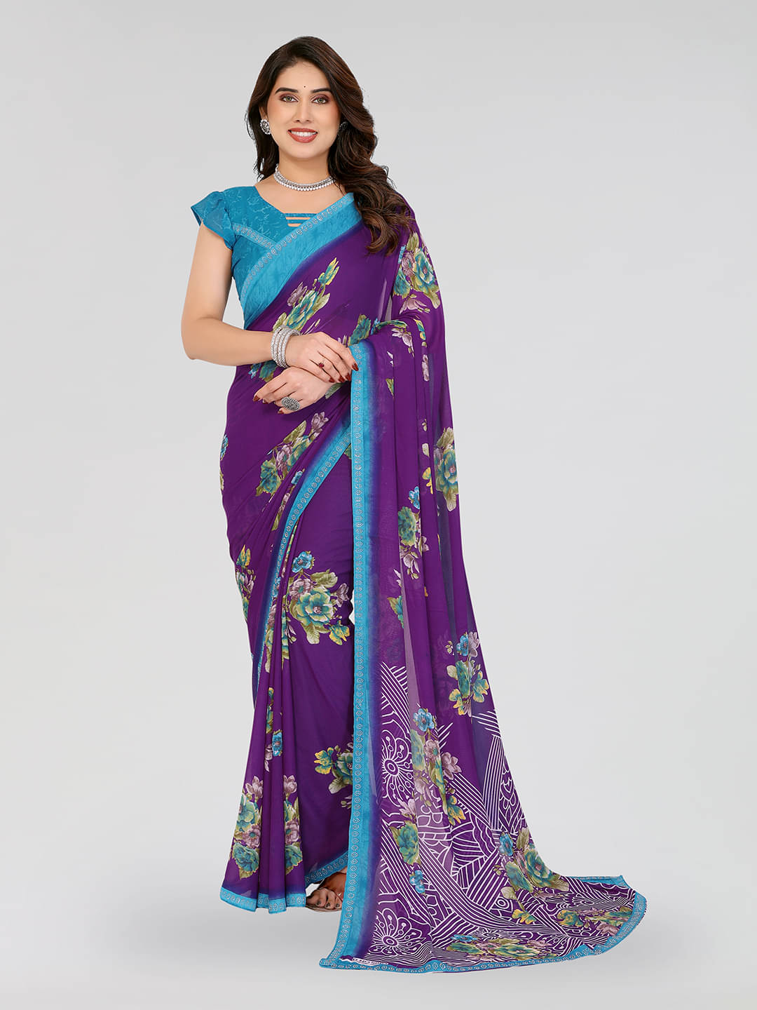     			ANAND SAREES Georgette Embellished Chanderi saree With Unstitched Blouse Piece ( Purple )