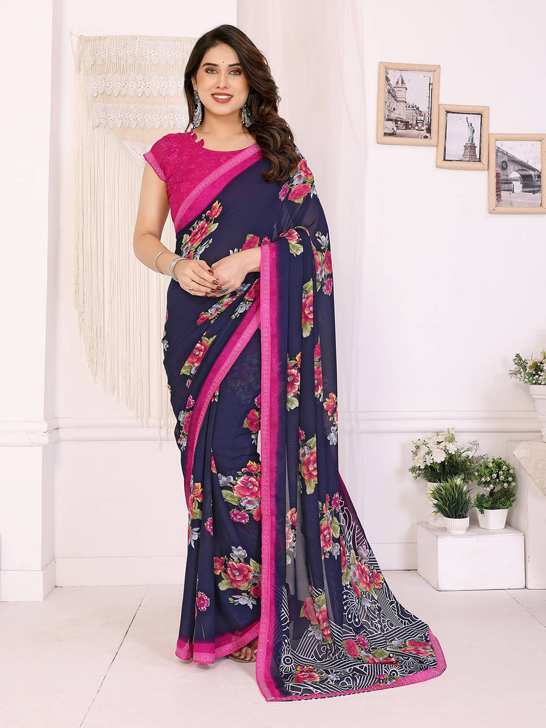     			ANAND SAREES Georgette Embellished Chanderi saree With Unstitched Blouse Piece ( Blue )