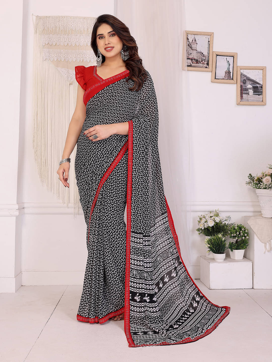 ANAND SAREES Georgette Embellished Chanderi saree With Unstitched Blouse Piece ( Black ) ANAND SAREES Georgette Embellished Chanderi saree With Unstitched Blouse Piece ( Black )