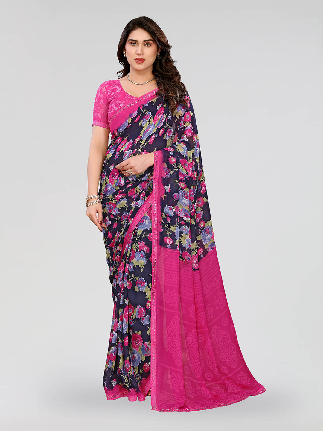 ANAND SAREES Georgette Embellished Chanderi saree With Unstitched Blouse Piece ( Blue ) ANAND SAREES Georgette Embellished Chanderi saree With Unstitched Blouse Piece ( Blue )