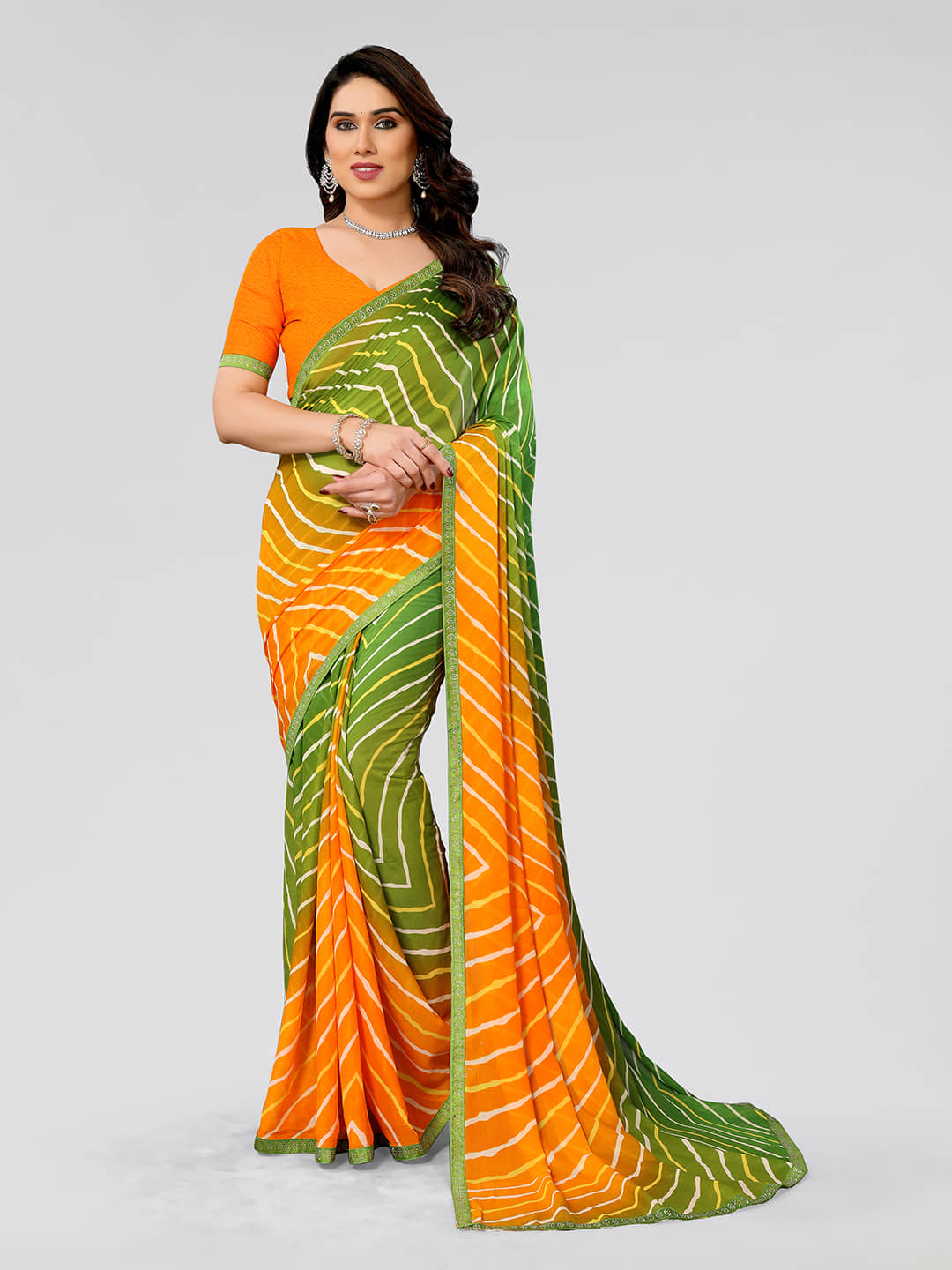 ANAND SAREES Georgette Embellished Leheriya Saree With Unstitched Blouse Piece ( Yellow ) - Sarees | Buy online on ZillyBuy