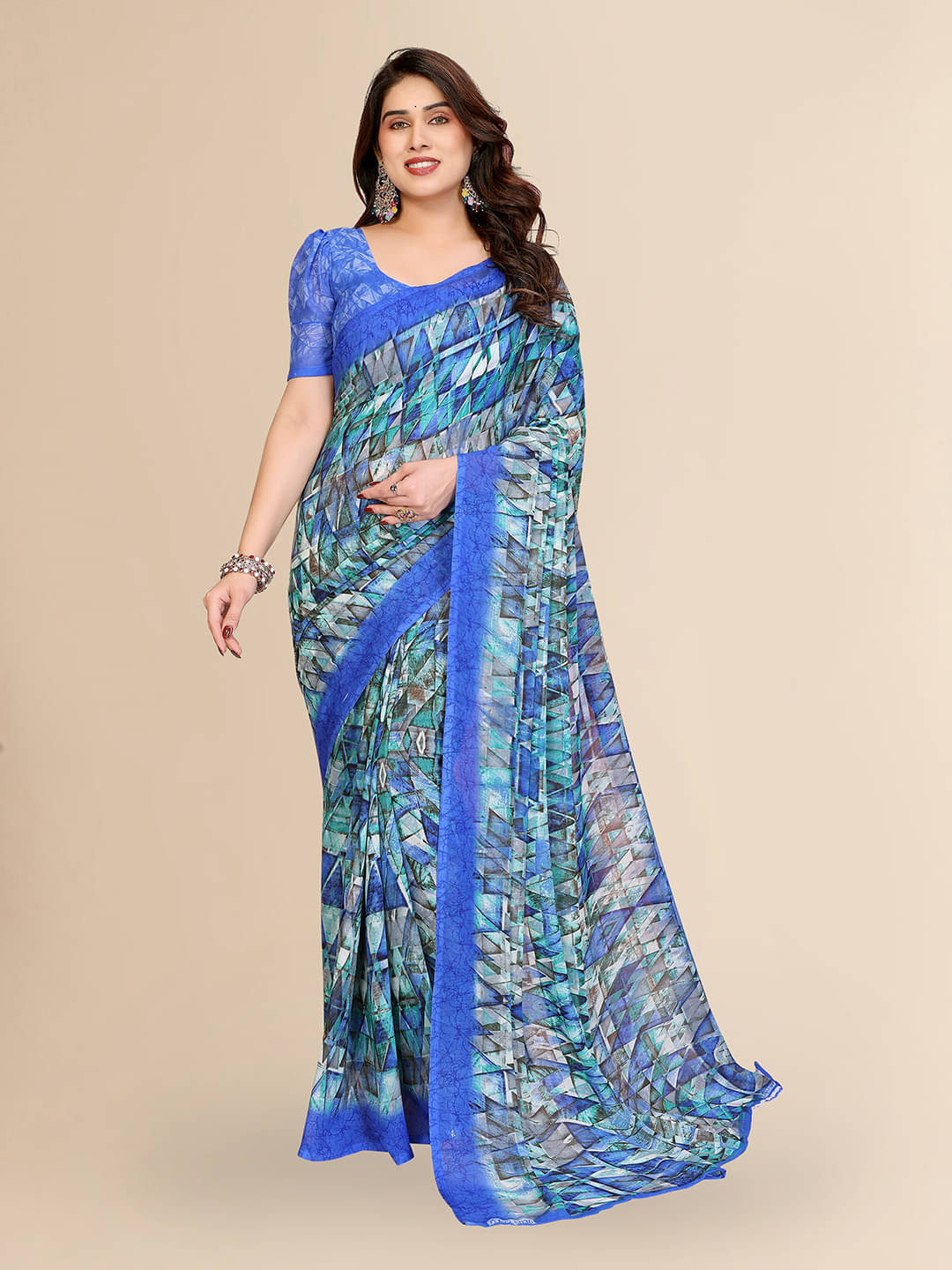 ANAND SAREES Georgette Printed Chanderi saree With Unstitched Blouse Piece ( Blue ) ANAND SAREES Georgette Printed Chanderi saree With Unstitched Blouse Piece ( Blue )