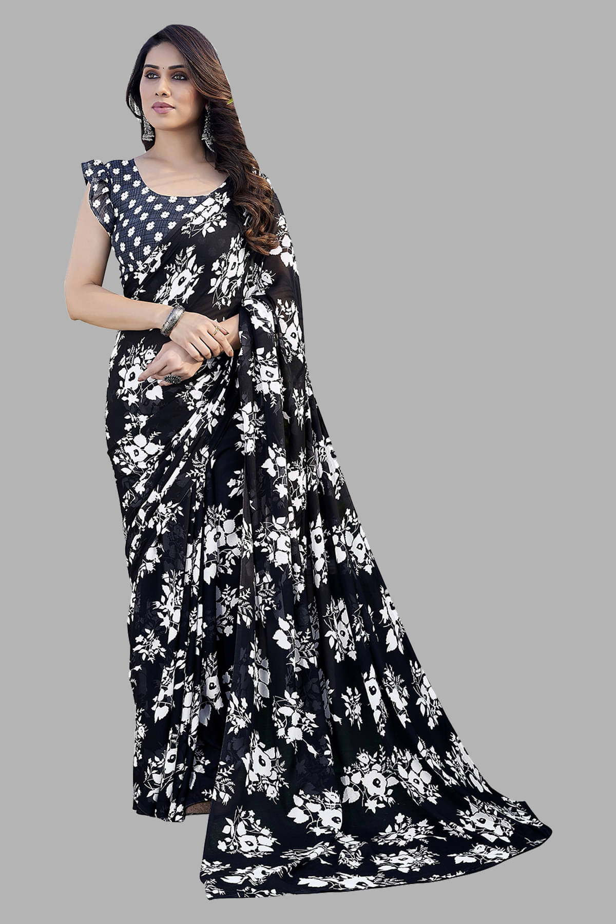 ANAND SAREES Georgette Printed Chanderi saree With Unstitched Blouse Piece ( Black ) ANAND SAREES Georgette Printed Chanderi saree With Unstitched Blouse Piece ( Black )