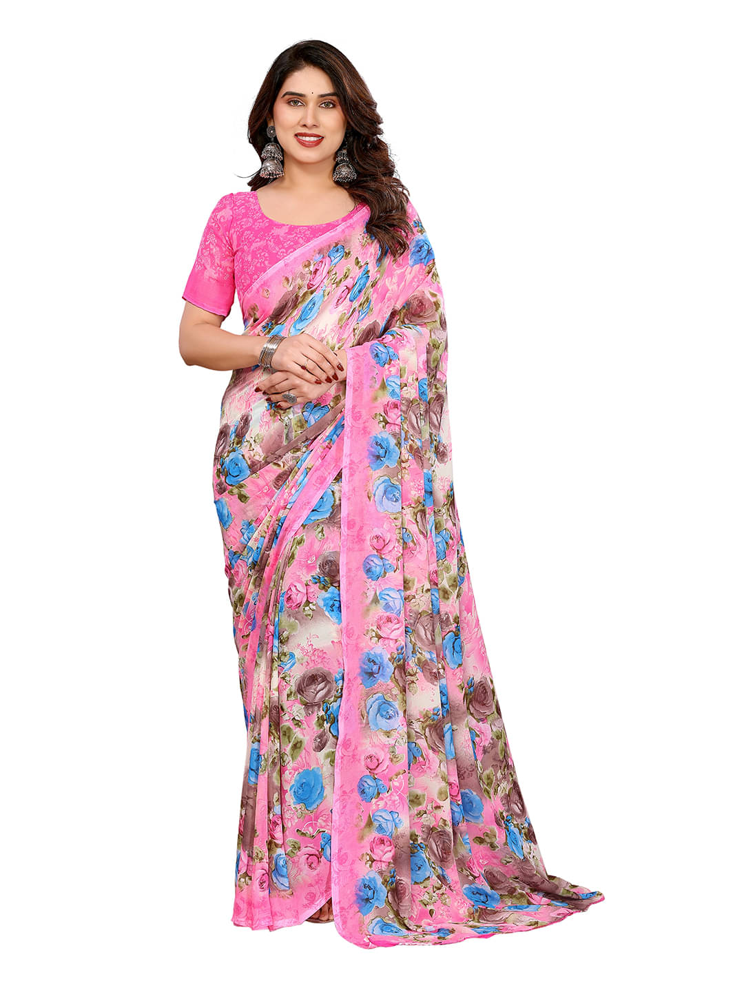     			ANAND SAREES Georgette Printed Chanderi saree With Unstitched Blouse Piece ( Pink )