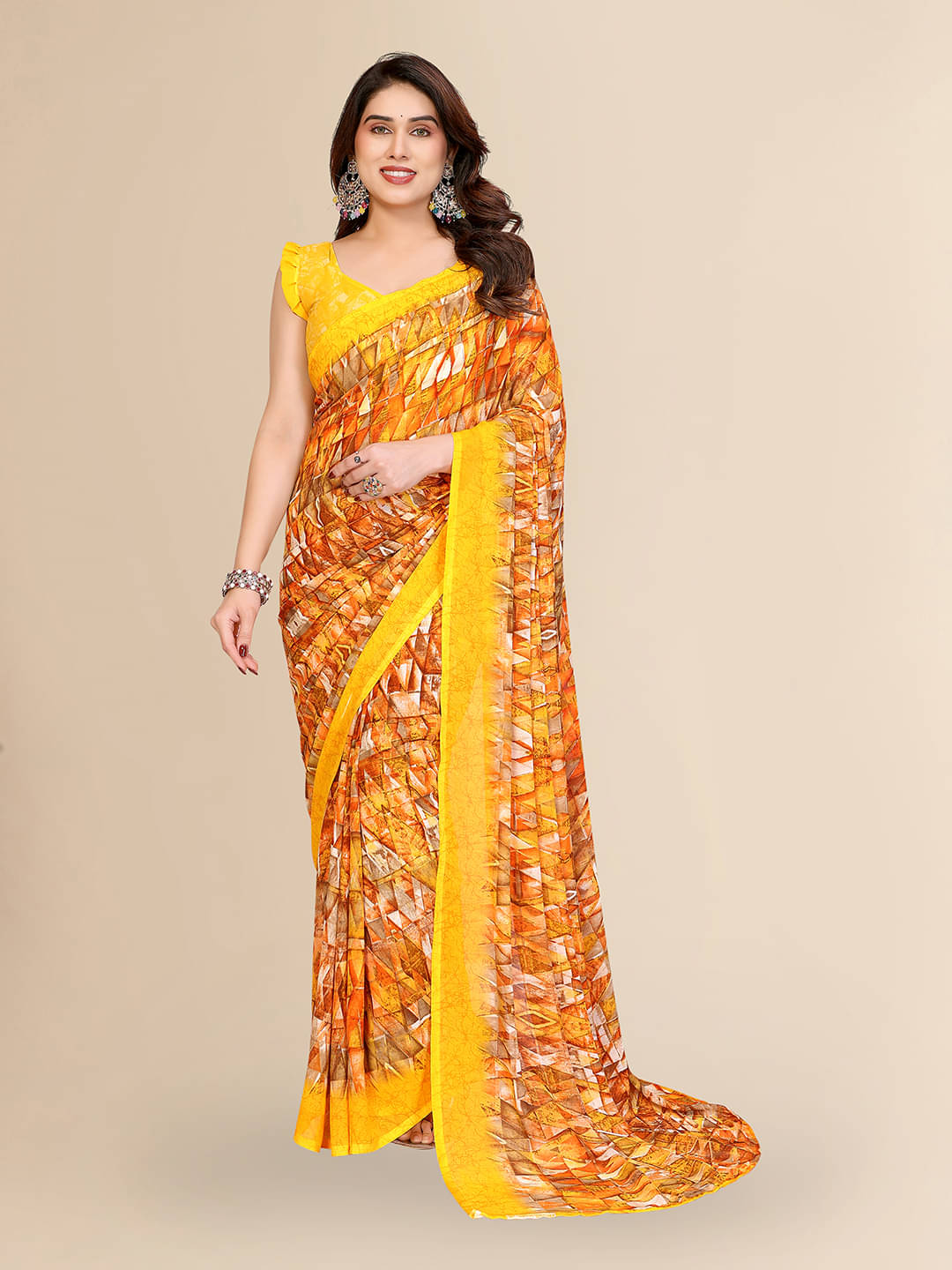 ANAND SAREES Georgette Printed Chanderi saree With Unstitched Blouse Piece ( Yellow ) ANAND SAREES Georgette Printed Chanderi saree With Unstitched Blouse Piece ( Yellow )