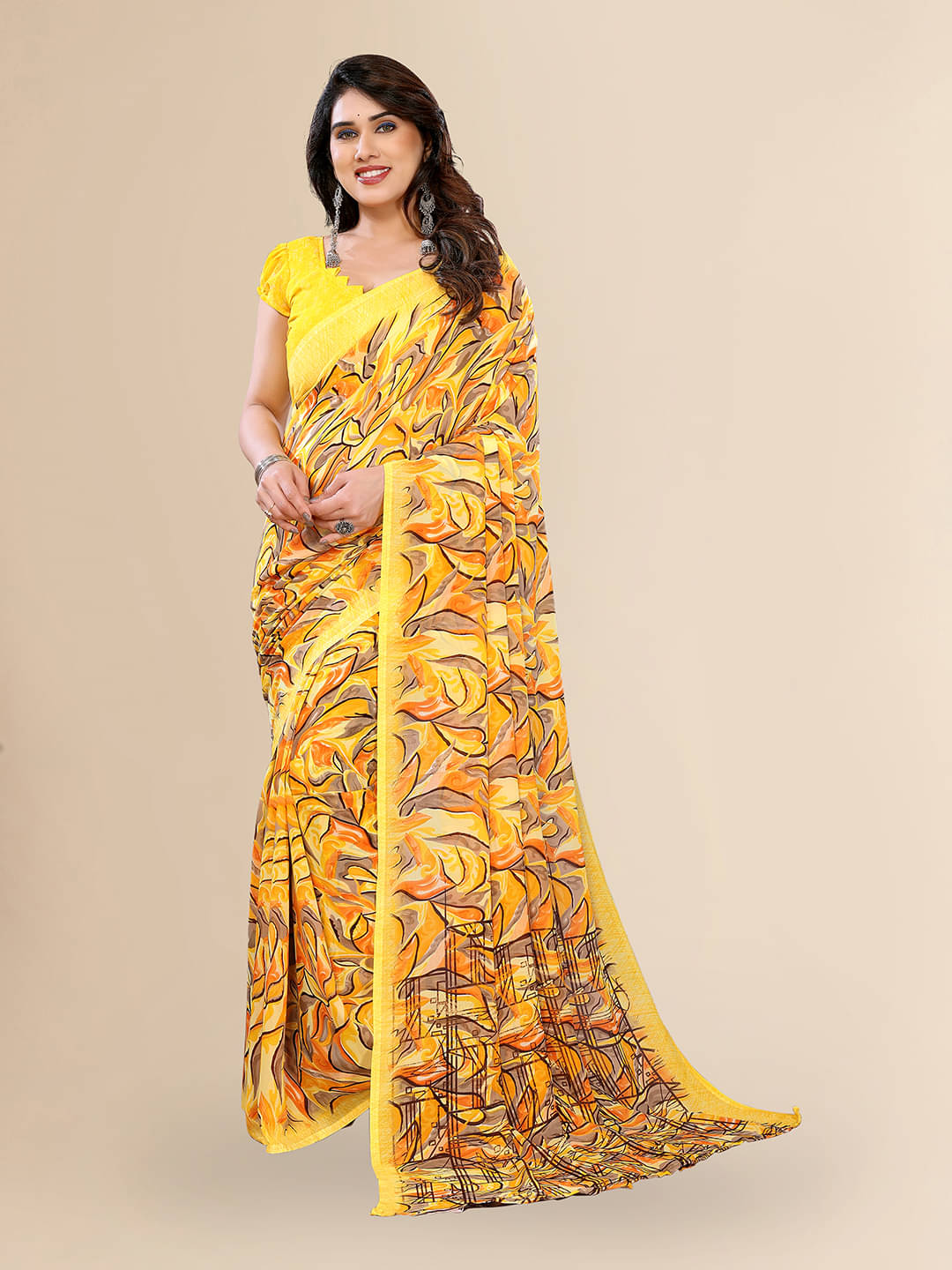 ANAND SAREES Georgette Printed Chanderi saree With Unstitched Blouse Piece ( Yellow ) ANAND SAREES Georgette Printed Chanderi saree With Unstitched Blouse Piece ( Yellow )