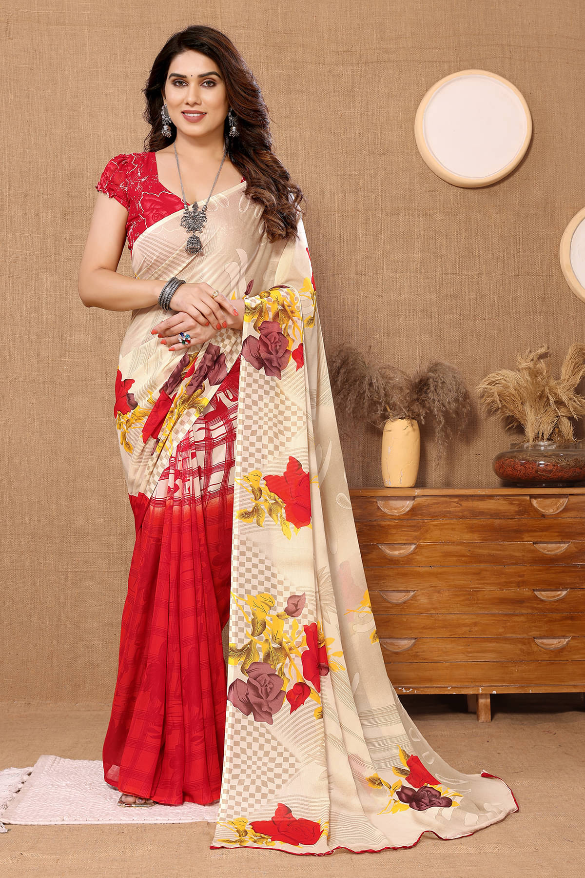 ANAND SAREES Georgette Printed Chanderi saree With Unstitched Blouse Piece ( Red ) ANAND SAREES Georgette Printed Chanderi saree With Unstitched Blouse Piece ( Red )
