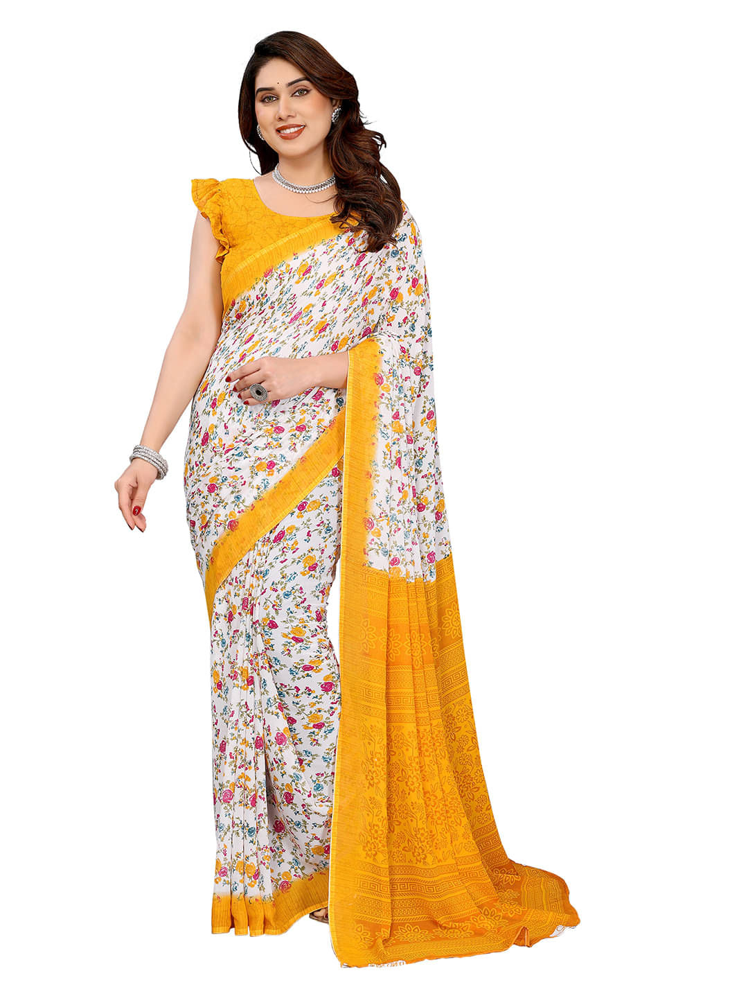     			ANAND SAREES Georgette Printed Chanderi saree With Unstitched Blouse Piece ( Yellow )