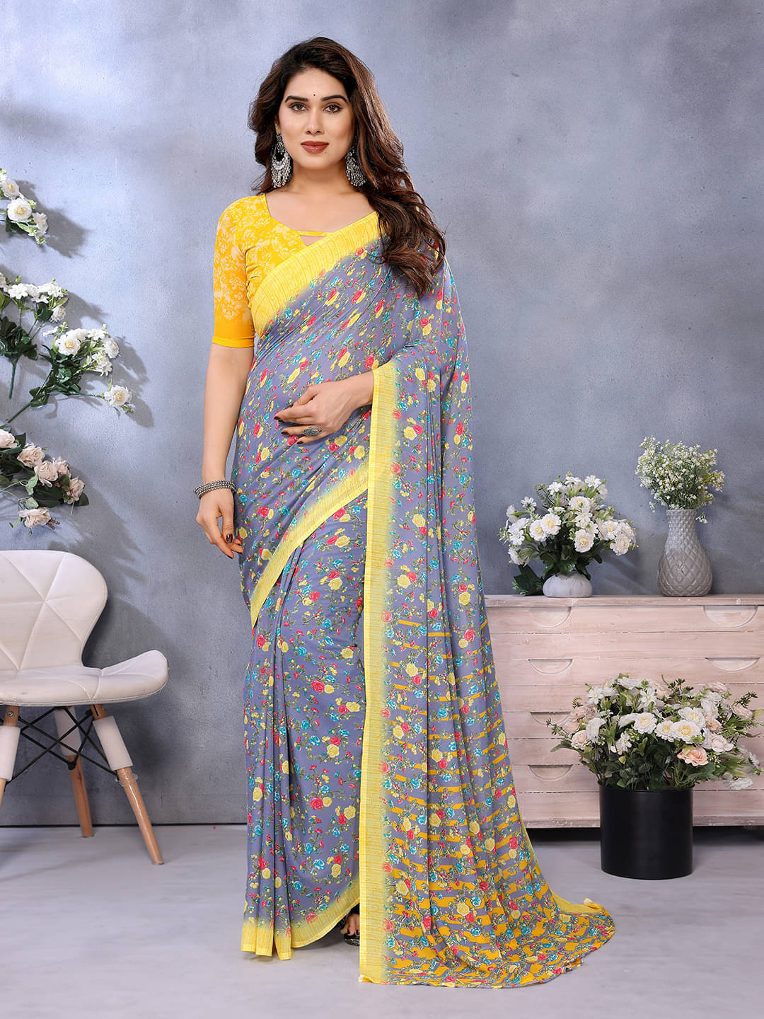     			ANAND SAREES Georgette Printed Chanderi saree With Unstitched Blouse Piece ( Grey )