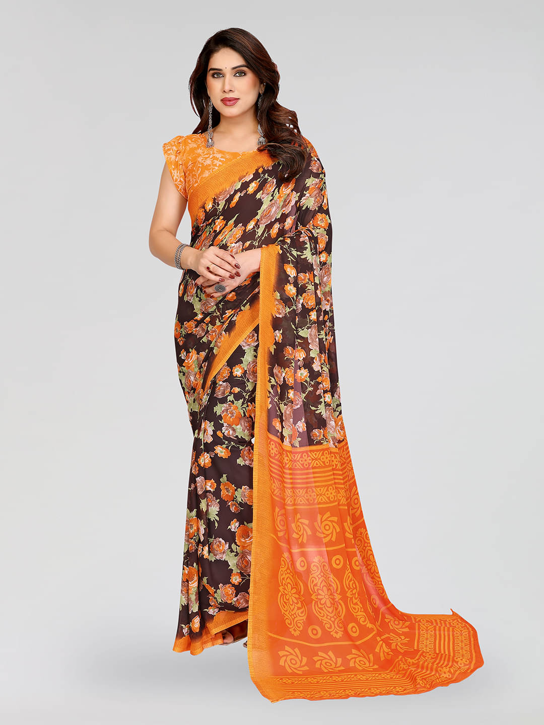 ANAND SAREES Georgette Printed Chanderi saree With Unstitched Blouse Piece ( Brown ) ANAND SAREES Georgette Printed Chanderi saree With Unstitched Blouse Piece ( Brown )