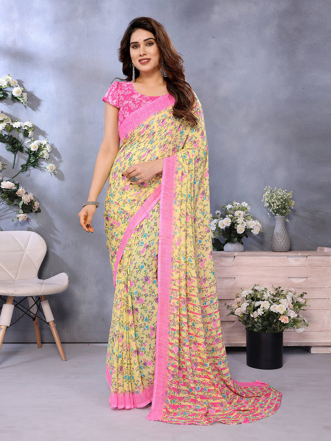 ANAND SAREES Georgette Printed Chanderi saree With Unstitched Blouse Piece ( Yellow ) ANAND SAREES Georgette Printed Chanderi saree With Unstitched Blouse Piece ( Yellow )